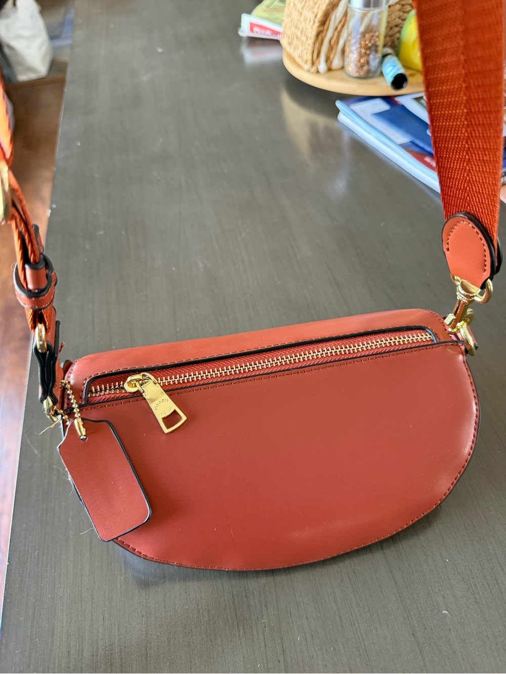 Coach Monogram Crossbody Belt Bag in Brown and Orange - Picture 6 of 9